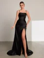 Sheath Spaghetti Straps Pleated Sweep Train Silk Like Satin Corset Porm Dress