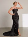 Sheath Spaghetti Straps Pleated Sweep Train Silk Like Satin Corset Porm Dress