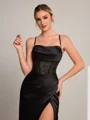 Sheath Spaghetti Straps Pleated Sweep Train Silk Like Satin Corset Porm Dress