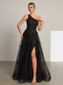 A-line One-Shoulder Appliques Lace Floor-Length Tulle Porm Dress