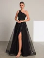 A-line One-Shoulder Appliques Lace Floor-Length Tulle Porm Dress