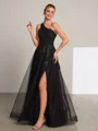 A-line One-Shoulder Appliques Lace Floor-Length Tulle Porm Dress