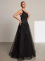 A-line One-Shoulder Appliques Lace Floor-Length Tulle Porm Dress