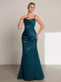 Sheath Spaghetti Straps Pleated Floor-Length Satin Porm Dress