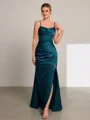Sheath Spaghetti Straps Pleated Floor-Length Satin Porm Dress