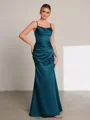 Sheath Spaghetti Straps Pleated Floor-Length Satin Porm Dress