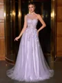 A-line One-Shoulder Appliques Lace Sweep Train Tulle Corset Porm Dress