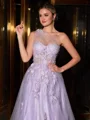 A-line One-Shoulder Appliques Lace Sweep Train Tulle Corset Porm Dress