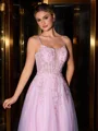 A-line Spaghetti Straps Appliques Lace Floor-Length Tulle Corset Porm Dress