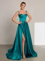 A-line Straps Floor-Length Satin Porm Dress
