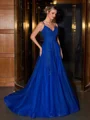 A-line V-neck Appliques Lace Sweep Train Tulle Porm Dress