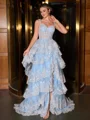 A-line Off-the-Shoulder Appliques Lace Court Train Tulle Corset Porm Dress