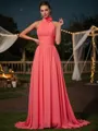 A-line/Princess Halter Sweep Train Chiffon Bridesmaid Dresses With Flower