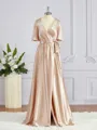 A-Line/Princess V-neck Floor-Length Silk like Satin Bridesmaid Dresses with Belt/Sash