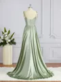 A-Line/Princess Square Sweep Train Silk like Satin Bridesmaid Dresses with Leg Slit