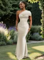 Sheath One-Shoulder Pleated Floor-Length Satin Bridesmaid Dress