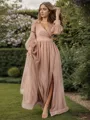 A-line V-neck Long Sleeves Pleated Floor-Length Bridesmaid Dress