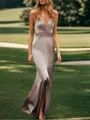 Sheath V-neck Pleated Sweep Train Silk Like Satin Bridesmaid Dress