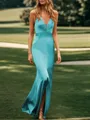 Sheath V-neck Pleated Sweep Train Silk Like Satin Bridesmaid Dress