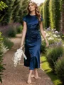 Sheath Scoop Short Sleeves Pleated Tea-Length Silk Like Satin Bridesmaid Dress