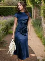 Sheath Scoop Short Sleeves Pleated Tea-Length Silk Like Satin Bridesmaid Dress