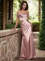 Sheath/Column Cold Shoulder Pleated Sweep Train Silk Like Satin Corset Bridesmaid Dress
