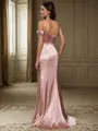 Sheath/Column Cold Shoulder Pleated Sweep Train Silk Like Satin Corset Bridesmaid Dress