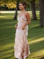Sheath V-neck Sleeveless Cascading Ruffles Floor-Length Silk Like Satin Bridesmaid Dresses