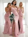 Sheath/Column V-neck Sweep Train Stretch Crepe Bridesmaid Dresses With Ruffles