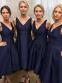 A-Line/Princess V-neck Asymmetrical Satin Bridesmaid Dresses With Pockets