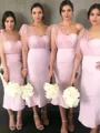 Sheath/Column One-Shoulder Tea-Length Stretch Crepe Bridesmaid Dresses