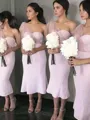 Sheath/Column One-Shoulder Tea-Length Stretch Crepe Bridesmaid Dresses