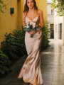 Sheath/Column V-neck Floor-Length Silk like Satin Bridesmaid Dresses With Leg Slit