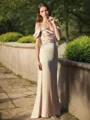 Sheath/Column Off-the-Shoulder Floor-Length Silk like Satin Bridesmaid Dresses With Ruffles