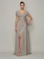 A-Line/Princess V-neck Sweep Train Chiffon Prom Dress With Leg Slit