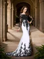 Sheath/Column Scoop Sweep Train Chiffon Prom Dress With Appliques Lace