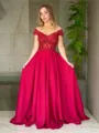 A-Line/Princess Off-the-Shoulder Sweep Train Silk Like Satin Prom Dress With Appliques Lace