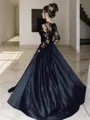 A-Line/Princess Bateau Sweep Train Satin Prom Dress With Pockets