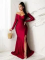 Sheath/Column Off-the-Shoulder Sweep Train Jersey Prom Dress With Leg Slit