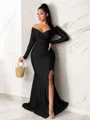 Sheath/Column Off-the-Shoulder Sweep Train Jersey Prom Dress With Leg Slit