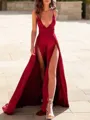 A-Line/Princess V-neck Sweep Train Silk Like Satin Prom Dress With Leg Slit