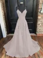 A-Line/Princess V-neck Sweep Train Tulle Prom Dress With Appliques Lace