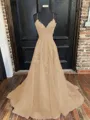 A-Line/Princess V-neck Sweep Train Tulle Prom Dress With Appliques Lace