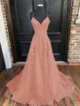 A-Line/Princess V-neck Sweep Train Tulle Prom Dress With Appliques Lace