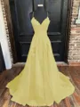 A-Line/Princess V-neck Sweep Train Tulle Prom Dress With Appliques Lace