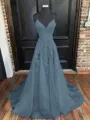 A-Line/Princess V-neck Sweep Train Tulle Prom Dress With Appliques Lace
