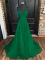A-Line/Princess V-neck Sweep Train Tulle Prom Dress With Appliques Lace
