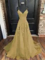A-Line/Princess V-neck Sweep Train Tulle Prom Dress With Appliques Lace