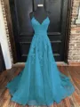 A-Line/Princess V-neck Sweep Train Tulle Prom Dress With Appliques Lace