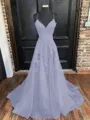 A-Line/Princess V-neck Sweep Train Tulle Prom Dress With Appliques Lace